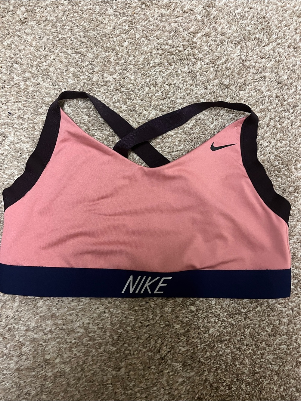 Nike Pink Sports Criss Cross Sports Bra with Dark Plum Straps and Navy Bands